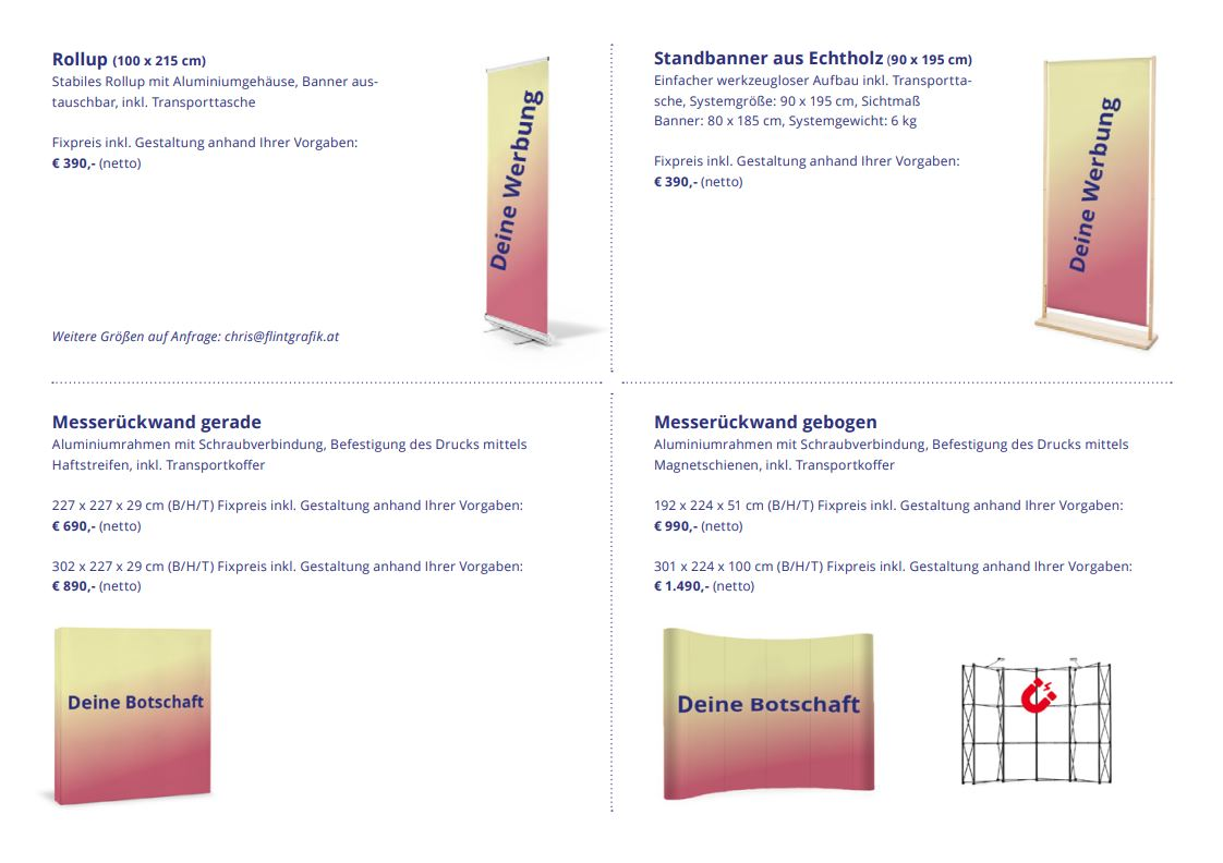 Flint Grafik – Rollup, Standbanner und Messerückwand mit Preisen